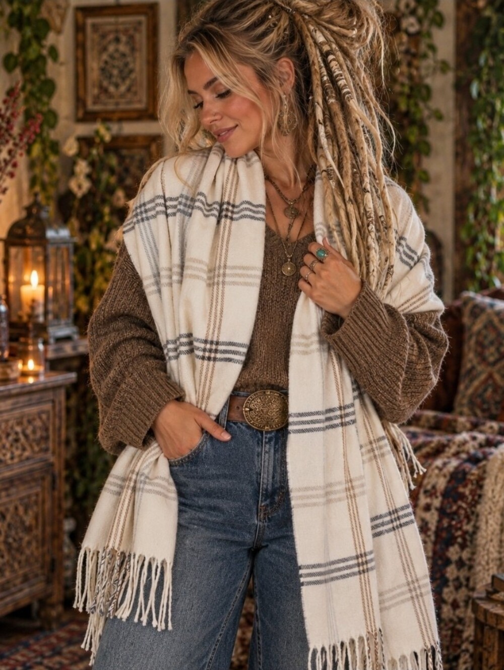 4/$15 Boho Cottagecore Plaid Fringe Scarf Cream Taupe Blue Cozy Oversized Wrap